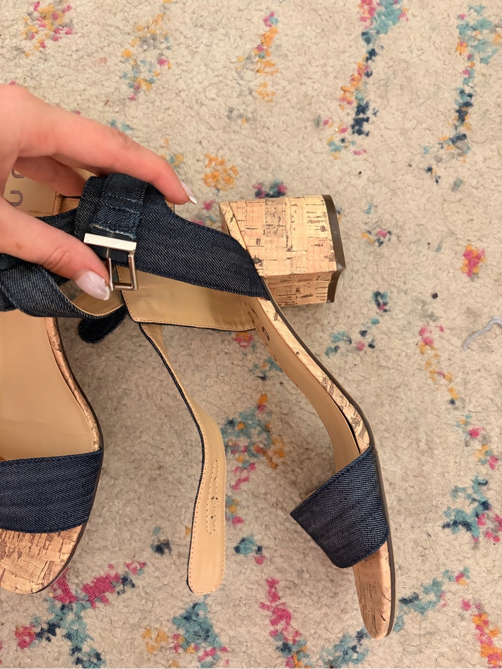 Denim Cork Block Heel Sandals - Womens